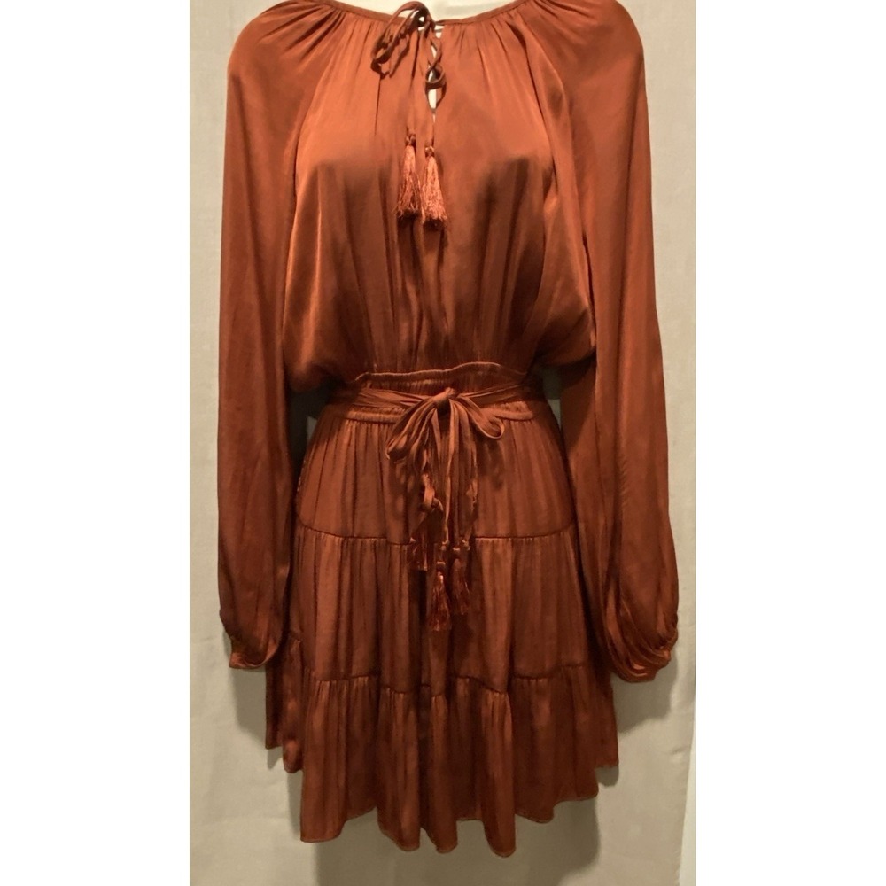 MinkPink Rust-Colored Satin Dress Size Medium Elastic Waist Boho C: 36" W: 24"